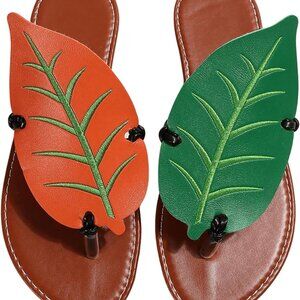 Women's Boho Leaf Appliques Thong Sandals Open Toe Casual Flip Flops Shoes